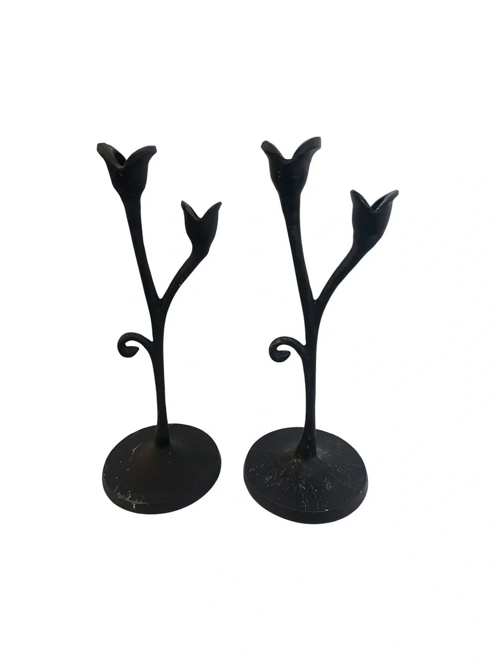 Pair Of Pottery Barn Candle Holders Botanical Bougeoir Forged Iron Black 14”